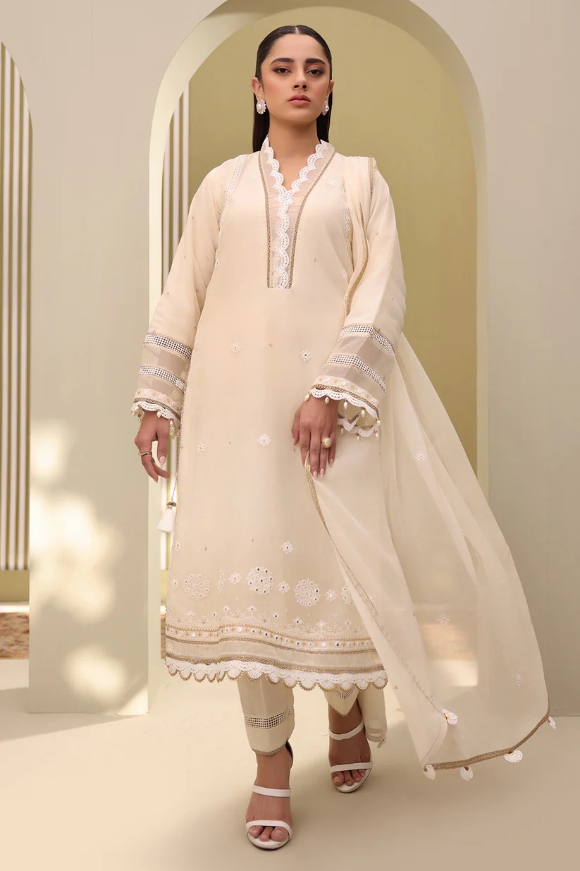 Elegant White Embroidered Lawn Dress
