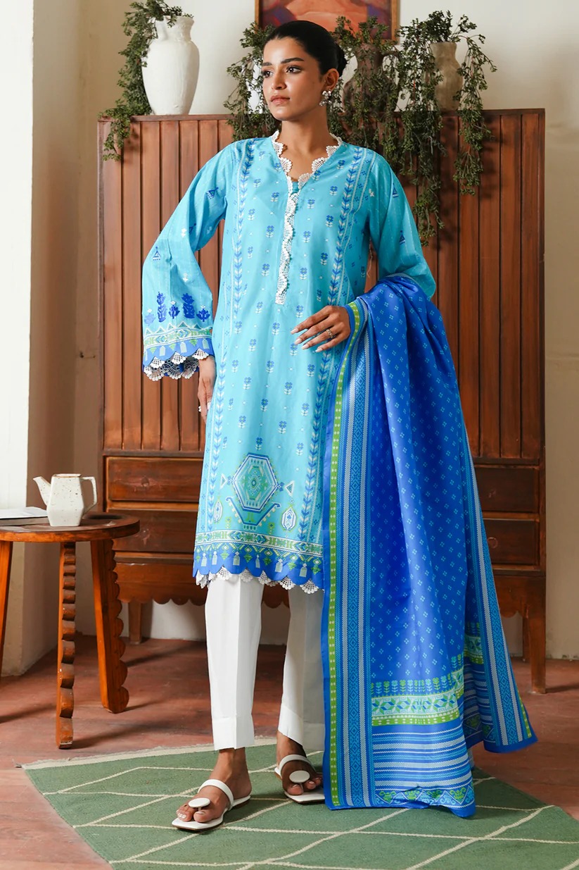 Royal Blue Thread Embroidered 3-Piece Lawn Suit